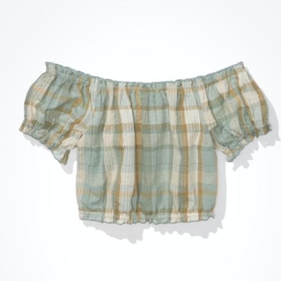 AMERICAN EAGLE Plaid Off-Shoulder  - Green and Beige - Size Small - Picture 4 of 4